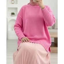 Moda Morfo Bisiklet Yaka Eteği Fitilli Salaş Triko Kazak  -Pembe