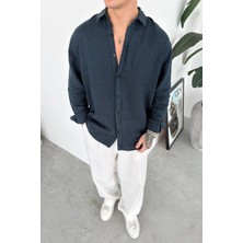 HAFKA Petrol Basic Relaxed Ham Keten Gömlek