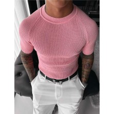 Elku Moda Erkek Slim Fit Fitilli Triko Tişört Dar Kesim Çizgili Örme Yazlık T-Shirt Old Mony Stil