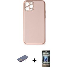 BUTİMAR'S iPhone 12 Pro Yadigar Klasik - Siyah 34D Hayalet Izgaralı Cam + Pembe Renkli Kamera Lens Koruma Cam