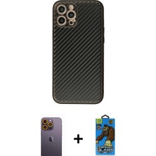 BUTİMAR'S iPhone 12 Pro Max Ahenk Işık - Siyah 18D Cam Ekran Koruyucu + Sarı Neon Fosforlu Kamera Lens
