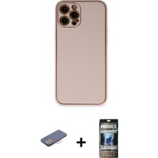 BUTİMAR'S iPhone 12 Pro Yadigar Klasik - Siyah 34D Hayalet Izgaralı Cam + Pembe Renkli Kamera Lens Koruma Cam