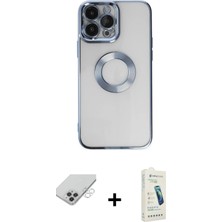 BUTİMAR'S iPhone 14 Pro Max Pusula Form - Şeffaf Pasifik Cam Ekran Koruyucu + Gümüş Band Metal Kamera Lens