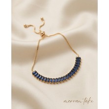 Mervan Takı Lacivert Baget Taşlı Ayarlanabilir Zincir Bileklik- Gold Renk