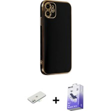 BUTİMAR'S iPhone 12 Yankı Serisi - Siyah Bilvis 5in1 5d Magic Hayalet Cam Ekran Koruyucu + Sarı Renkli Kamera Lens Koruma Cam