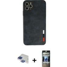 BUTİMAR'S iPhone 11 Pro Max Doruk Asil Koleksiyonu - Siyah 34D Hayalet Izgaralı Cam + Lacivert Pers Alüminyum Kamera Lens