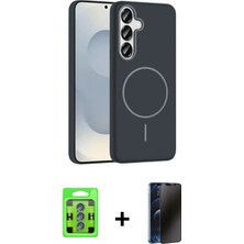 BUTİMAR'S Galaxy S25 Siluet Doku Özel Seri - Siyah 3D Antistatik Hayalet Cam Ekran Koruyucu + Mavi Raze Metal Kamera Lens