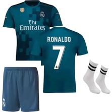 2018 Turkuaz-Mavi Cristiano Ronaldo Çocuk Forması Şort Çorap Bileklik 4'lü Set