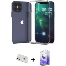 BUTİMAR'S iPhone 12 Zirve Doku - Siyah Bilvis 5in1 5d Magic Hayalet Cam Ekran Koruyucu + Mor Rainbow Kamera Lens Koruma Cam