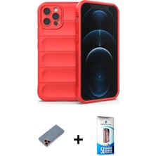 BUTİMAR'S iPhone 12 Pro Max Atlas Koleksiyonu - Siyah 5d Eko Cam Ekran Koruyucu + Kırmızı Metal Kamera Lens Koruma Cam