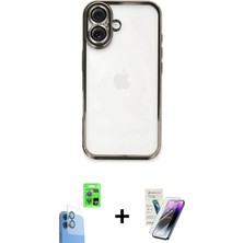 BUTİMAR'S iPhone 16 Vadi Minimal - Şeffaf Pasifik Cam Ekran Koruyucu + Lacivert Raze Metal Kamera Lens