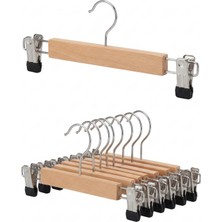 Faravis Atelier Naturel Vernikli Cilalı Ahşap Pantolon ve Etek Askısı Klasik Kancalı 10 Adet Pvc Mandallı