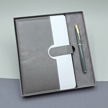 Twin Store Gri Kutulu Deri Defter Roller Kalem Set