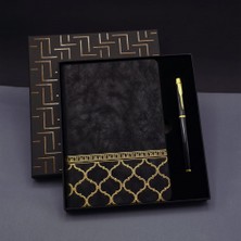 Twin Store Gold Desen Siyah Deri Defter Kalem Set
