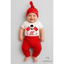 Babyden's Ilk 23 Nisan Bayramı Bebek Takımı Atatürk Baskılı %100 Pamuk Kısa Kollu Body Pantolon Şapka Seti