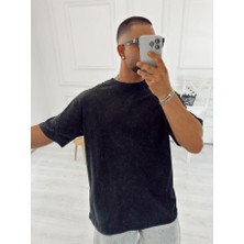 Elku Moda Yıkamalı Desenli Oversize Bisiklet Yaka Bol Kesim Salaş Pamuklu T-Shirt