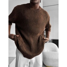 Elku Moda Erkek Yarım Oversize Çizgili Yıkamalı Triko Tişört Fitilli Pamuk Triko T-Shirt