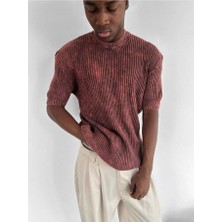 Elku Moda Erkek Yarım Oversize Çizgili Yıkamalı Triko Tişört Fitilli Pamuk Triko T-Shirt