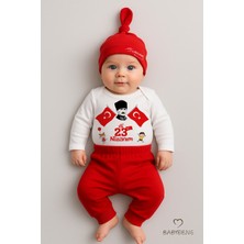 Babyden's Ilk 23 Nisan Bayramı Bebek Takımı Atatürk Baskılı %100 Pamuk Uzun Kollu Body Pantolon Şapka Seti