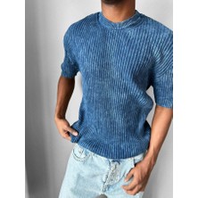 Elku Moda Erkek Yarım Oversize Çizgili Yıkamalı Triko Tişört Fitilli Pamuk Triko T-Shirt