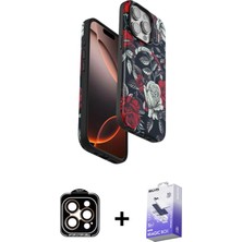 BUTİMAR'S iPhone 15 Pro Max Siluet Doku - Siyah Bilvis 5in1 5d Magic Hayalet Cam Ekran Koruyucu + Turuncu Pvd Metal Kamera Lens