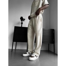 Elku Moda Erkek Oversize Hasır Keten Kısa Kollu Keten Alt Üst Takım Yazlık Rahat Kalıp Italyan Yaka Takım