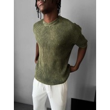 Elku Moda Erkek Yarım Oversize Çizgili Yıkamalı Triko Tişört Fitilli Pamuk Triko T-Shirt