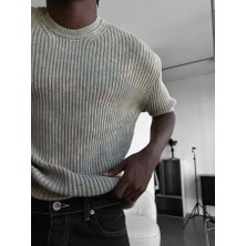 Elku Moda Erkek Yarım Oversize Çizgili Yıkamalı Triko Tişört Fitilli Pamuk Triko T-Shirt