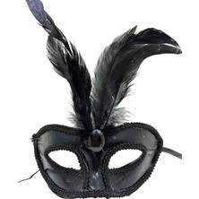 Twin Store Siyah Renk Rugan Kaplama Kırmızı Tüylü Parti Maskesi 18X20 cm