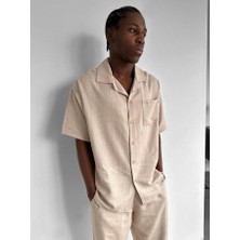 Elku Moda Erkek Oversize Hasır Keten Kısa Kollu Keten Alt Üst Takım Yazlık Rahat Kalıp Italyan Yaka Takım