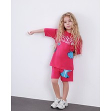 ButumiKids Kız Çocuk Karakter Baskılı Bisiklet Yaka Pamuklu T-Shirt Şort Alt Üst Takım
