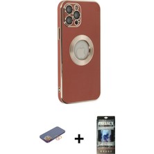 BUTİMAR'S iPhone 12 Pro Iz Form Serisi - Siyah 34D Hayalet Izgaralı Cam + Turuncu Renkli Kamera Lens Koruma Cam