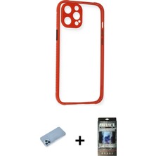 BUTİMAR'S iPhone 12 Pro Nova Asil Özel Seri - Siyah 34D Hayalet Izgaralı Cam + Mavi Shine Kamera Lens Koruma Cam