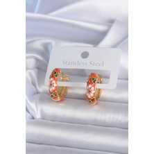 Karahanbey Pirinç Gold Renk Çiçek Işleme Turuncu Kadın Küpe -