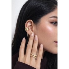 Ascera Zirkon Taşlı 316L Altın Renk Çelik Takı Seti – x Form Yüzük ve Kıkırdak Küpe (Ear Cuff) Kararmaz