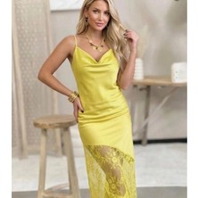 Marsilyan- Kadın Omuz Askılı Fantel Güpür Transparan Detay Saten Elbise