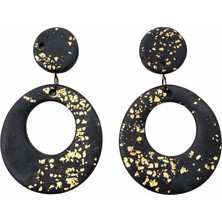 EPAksesuar Siyah Gold Yaprak Detaylı El Yapımı Polimer Kil Halka Küpe