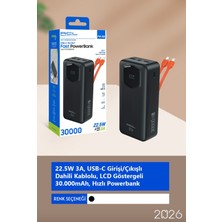 Azurtech PW-138 30000MAH Powerbank – 22.5W Hızlı Şarj – Dahili Kablolu – LCD Göstergeli – Usb-C Giriş/çıkış