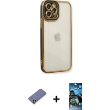 BUTİMAR'S iPhone 12 Pro Max Çekirdek Klasik Serisi - Siyah 34D Izgaralı Cam + Gold Metal Kamera Lens Koruma Cam