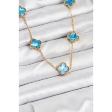 Ayışığı 316L Çelik Zincir Gold Buz Mavisi Renk Yonca Kolye