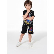 ButumiKids Erkek Çocuk Karakter Baskılı Bisiklet Yaka Pamuklu T-Shirt Şort Alt Üst Takım