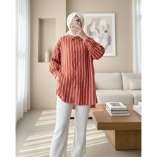 Modamorfo Boydan Düğmeli Arkası Uzun Çizgili Gömlek -Kiremit