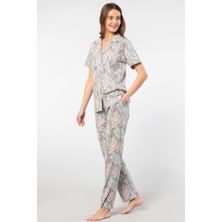 Türen Yaprak Desenli Kisa Kollu Gömlek Yaka Pijama Takimi 3395/GRI