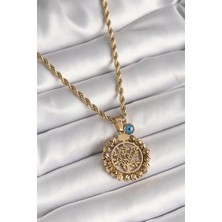 Ayışığı 316L Çelik Gold Renk Burgu Zincir Dorika Yaşam Ağacı Figür Nazar Boncuk Detay Kadın Kolye
