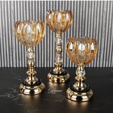 YNSK Ultra Lüks Kristal Taşlı Metal Ayaklı Şamdan 3'lü Set Cam