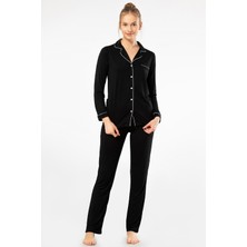 Türen Kadin Düz Uzun Kollu Gömlek Yaka Pijama Takimi 3365/SIYAH