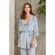 Pierre Cardin 2820 Kadın Mist Dantelli Penye 3'lü Sabahlıklı Pijama Takım