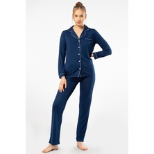 Türen Kadin Düz Uzun Kollu Gömlek Yaka Pijama Takimi 3365/LACIVERT