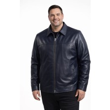 Viamod Leather Büyük Beden Erkek Hakiki Deri Ceket Lacivert Premium Gömlek Yaka Klasik Model Gerçek Deri Mont Üretici Garantili