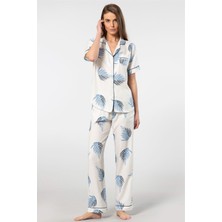 Türen Kadin Desenli Kisa Kol Dokuma Pijama Takimi 3604/EKRU